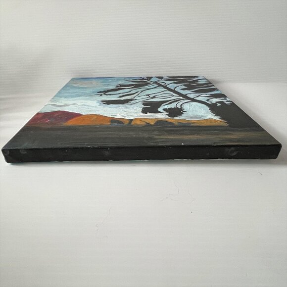 Original Landscape Oil Painting Tree Silhouette Mountains Modern Abstract Art - Picture 4 of 5